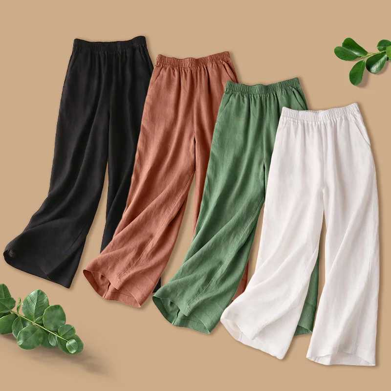 Fashionable womens full-length casual pants cotton linen wide leg pants solid summer pants womens loose high waisted straight pantsC250425