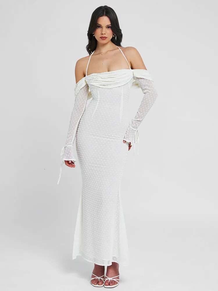 Dongdumaoyi Townlike Polka Dot Jacquard Maxi Long Dress Women Halter Autumn Winter Off Shoulder Sexy Party Perspective Dresses