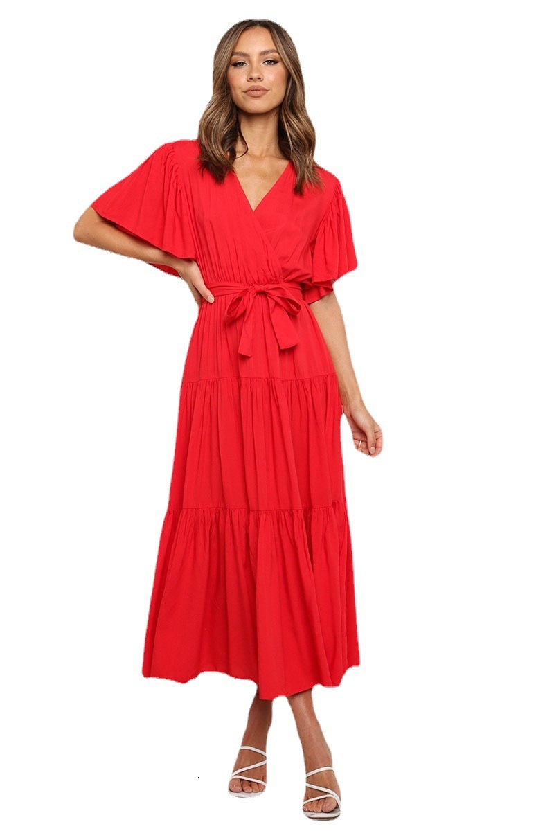New V-neck commuter print short sleeve waist length skirt bohemian dress