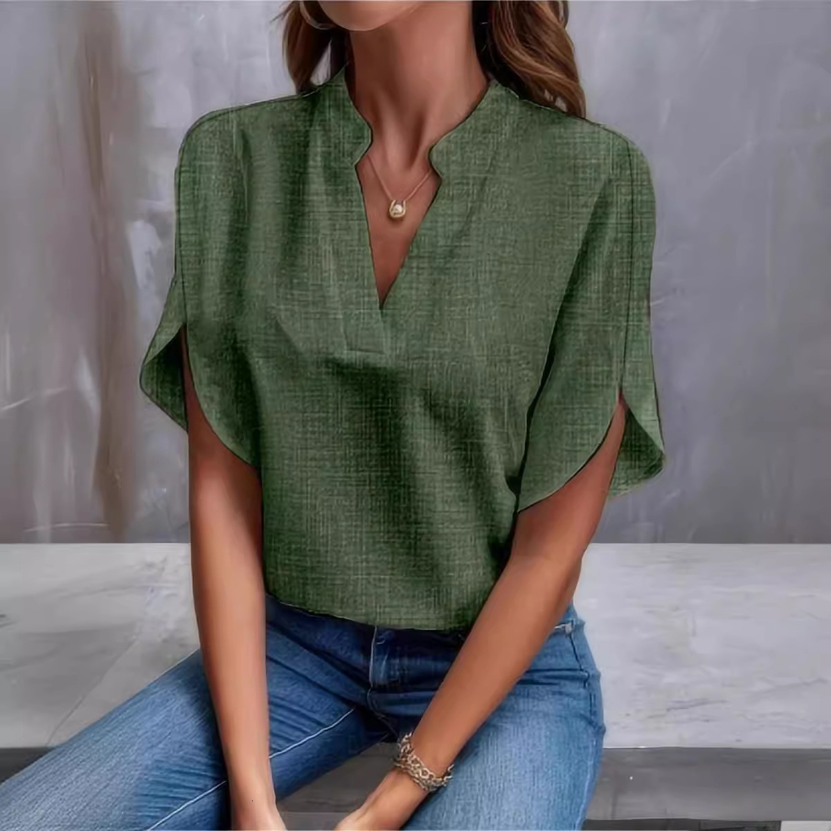 Womens 2024 summer solid color V-neck off shoulder loose linen shirt top for women
