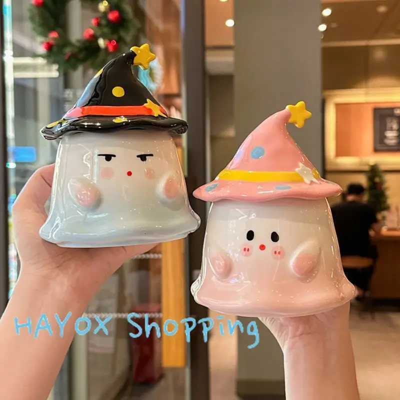Funny Magic Elf Ceramic Mugs Coffee Cups with LidsCartoon Ghost Office Afternoon Tea Cafe Milk Breakfast Cup Gifts for Friends Y251125