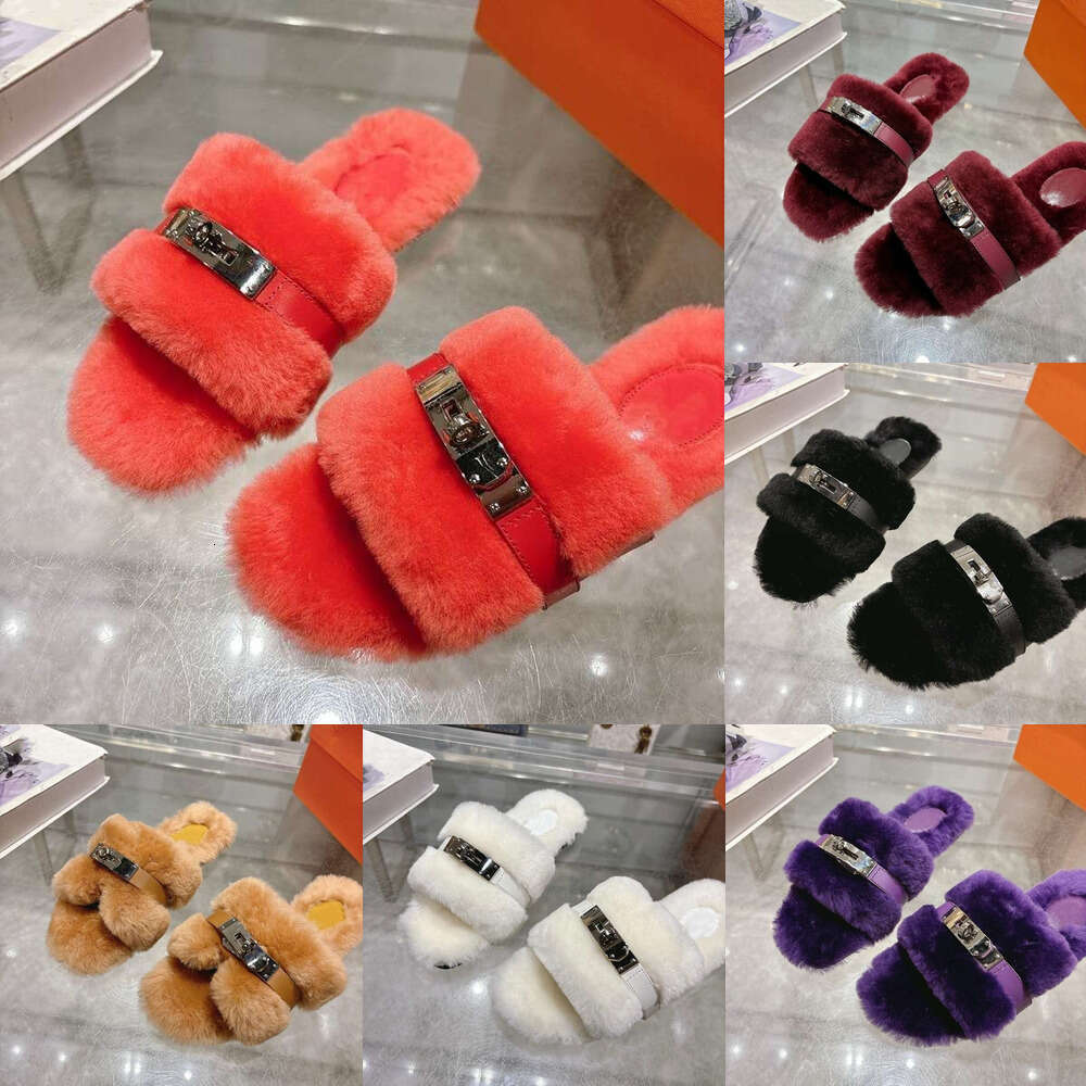 Top quality winter Designer sandal Luxury mule slipper Woman shoe kelly buckle flap fur slide comfortable warm wool Fluffy Slippers casual fashion plush sliders