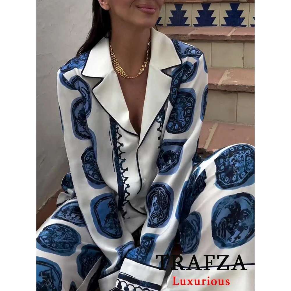 Designer Clothes TRAFZA Vintage Casual Print Suit Single Breasted V Neck Shirts+Loose Wide Leg Long Pants Fashion Autumn Women Sets
