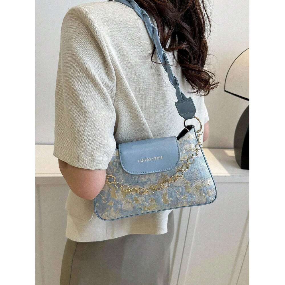 Vintage Decoration Women's Single Flower Pattern Shoulder Bag For Women, Chain Decor Underarm Purse