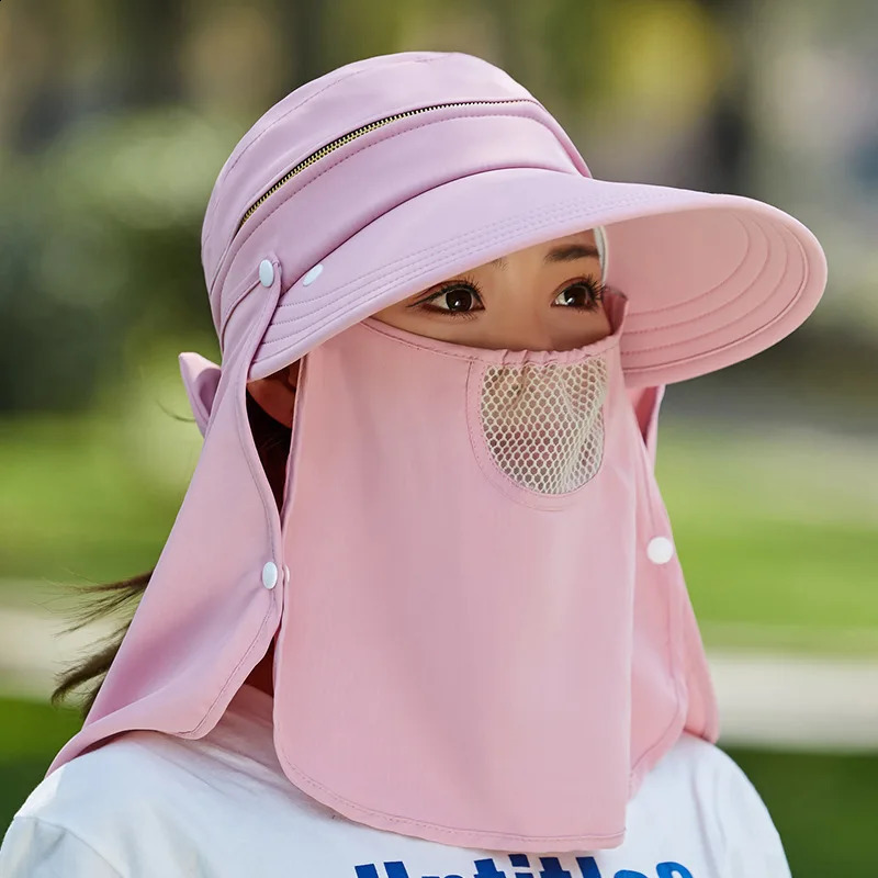Women Outdoor Riding Anti-UV Sun Hat Foldable Big Brim Hats Neck Face Protection Detachable Mask Sunscreen Breathable Beach Caps 250424