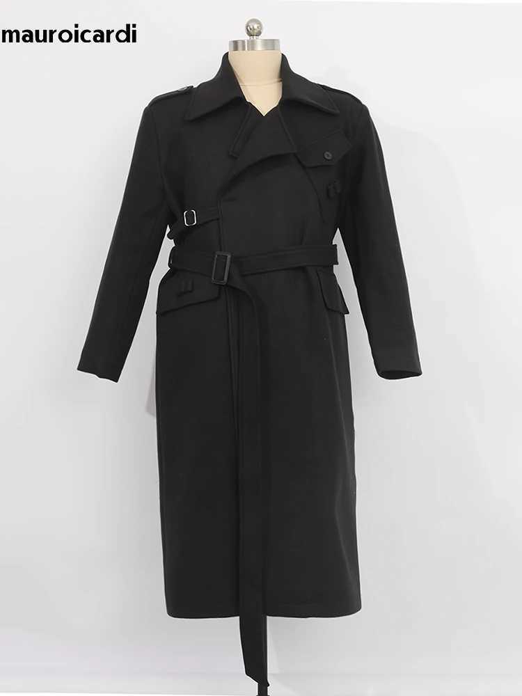 Mauroicardi Autumn Winter Cool Elegant Long Warm Black Woolen Trench Coat Men Belt Luxury Designer Clothes Wool Blends OvercoatT251125