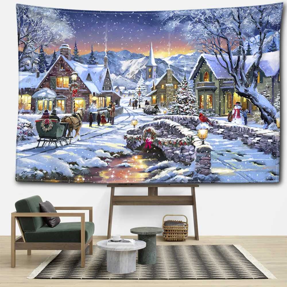 Christmas Snow View Carriage Tapestry Wall Hanging Bohemian Festival Gifts Art Landscape Bedroom Living Room Home DecorM251125