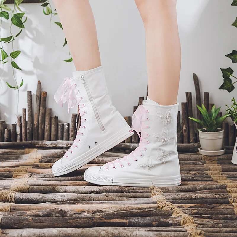 Spring and summer side zipper ribbon pearl butterfly medium canvas boots casual flat inner heightening large size women's shoes