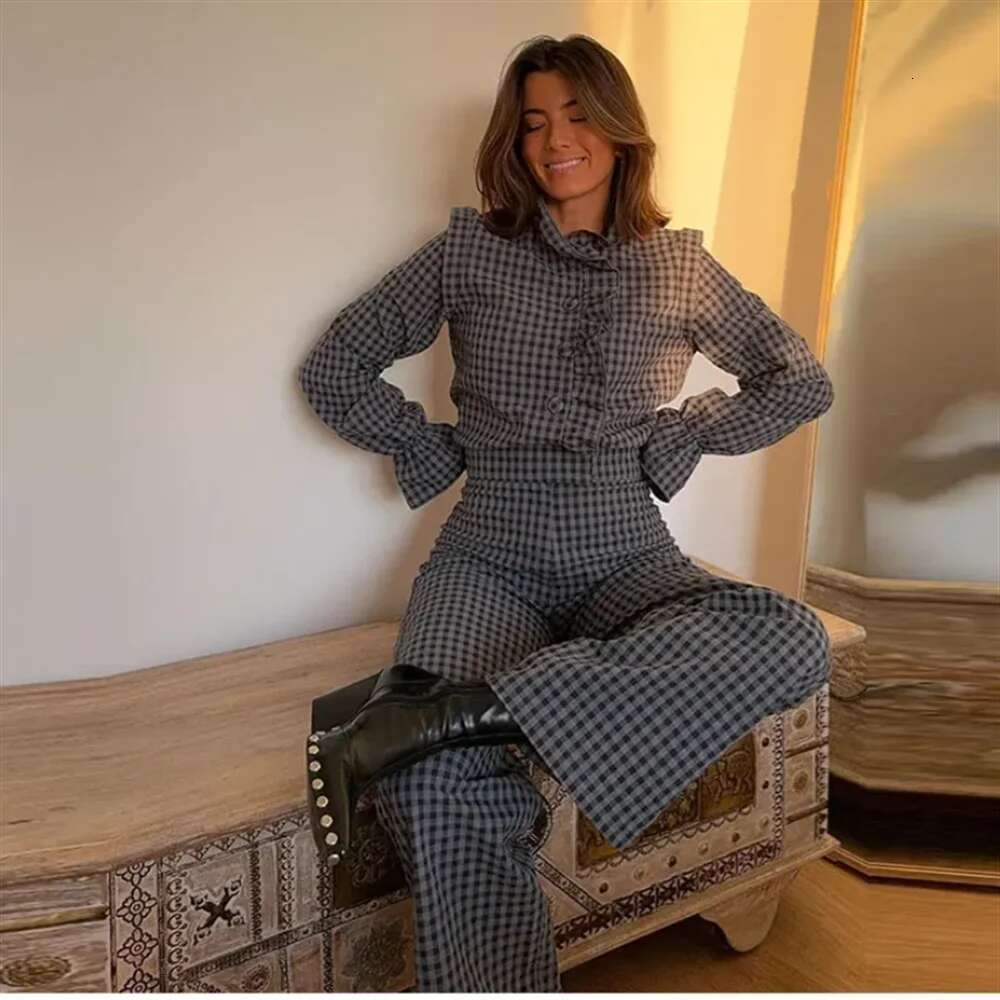 Pb&Za 2024 Spring New Women's Fashion Temperament Casual Versatile Bubble Sleeve Plaid Long Jumpsuit