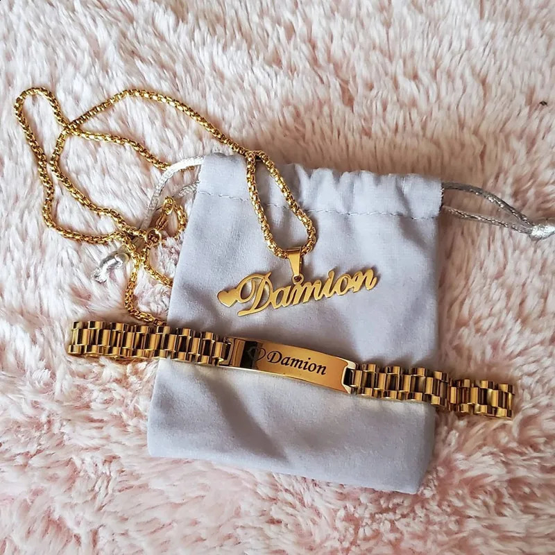 Personalized Custom Carving Name Necklaces For Men Women Nameplate Bar Cuba Chain Pendants Bangles Stainless Steel Jewelry Set 250425