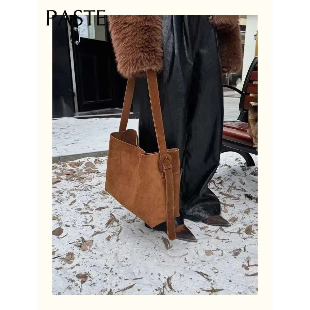 New Winter Matte Suede Cow Leather Women Tote Coffee Retro High-End Warm Color Female Shoulder Bag Huge Commute Travel Handbag