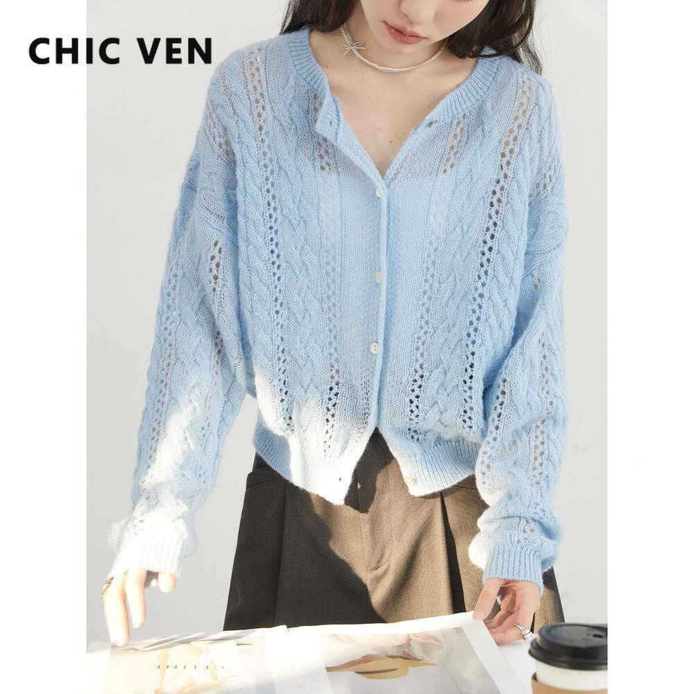 CHIC VEN Cardigan Loose Casual Mohair Hollow Knitted Sweaters Female Short Jumpers Spring Summer 2025 Tops