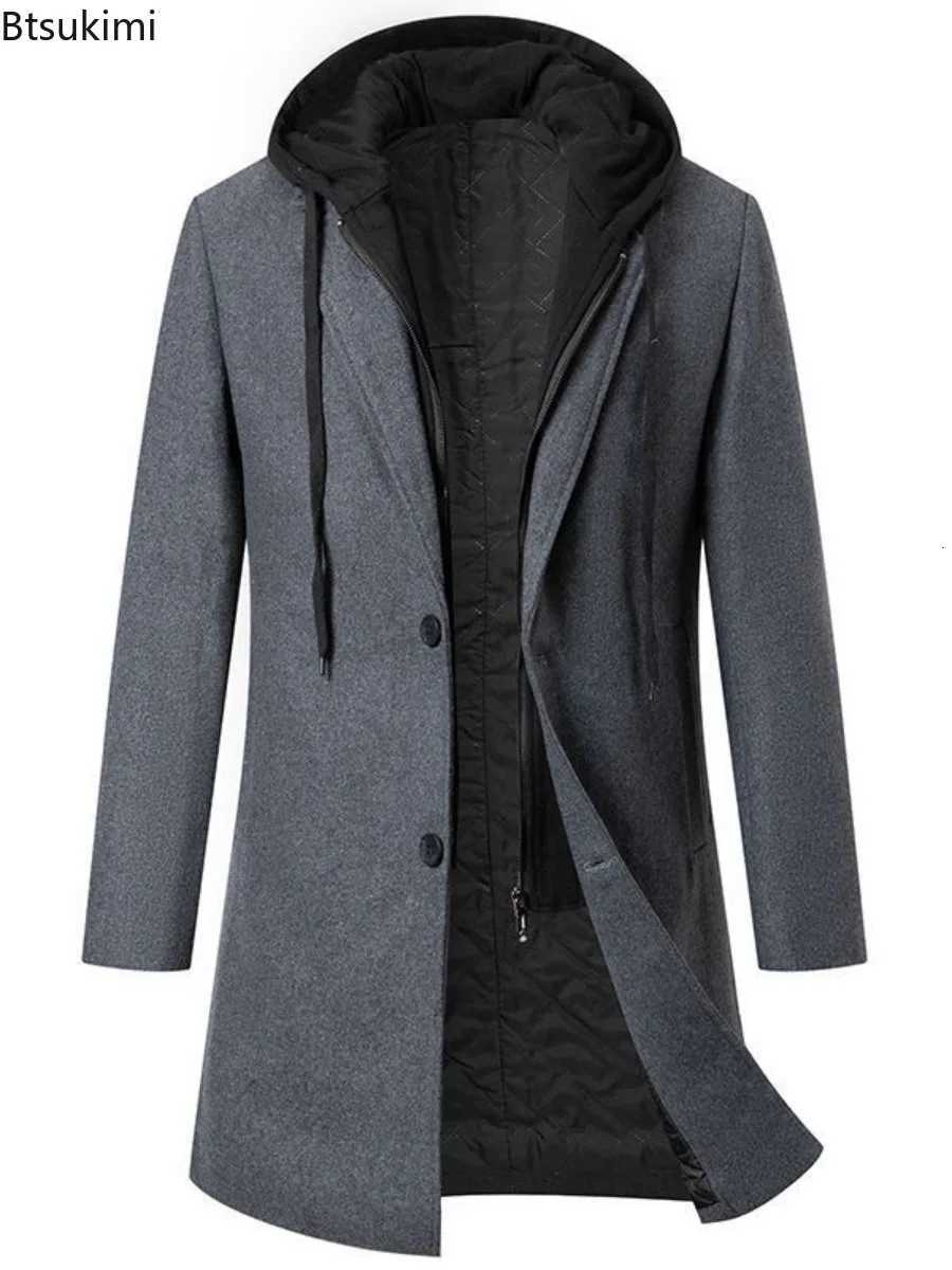 Luxury Mens Business Casual Wool Trench Coats Fashion Hooded Warm Long Woolen Coats Autumn Winter Thickened Windbreaker JacketsT251125