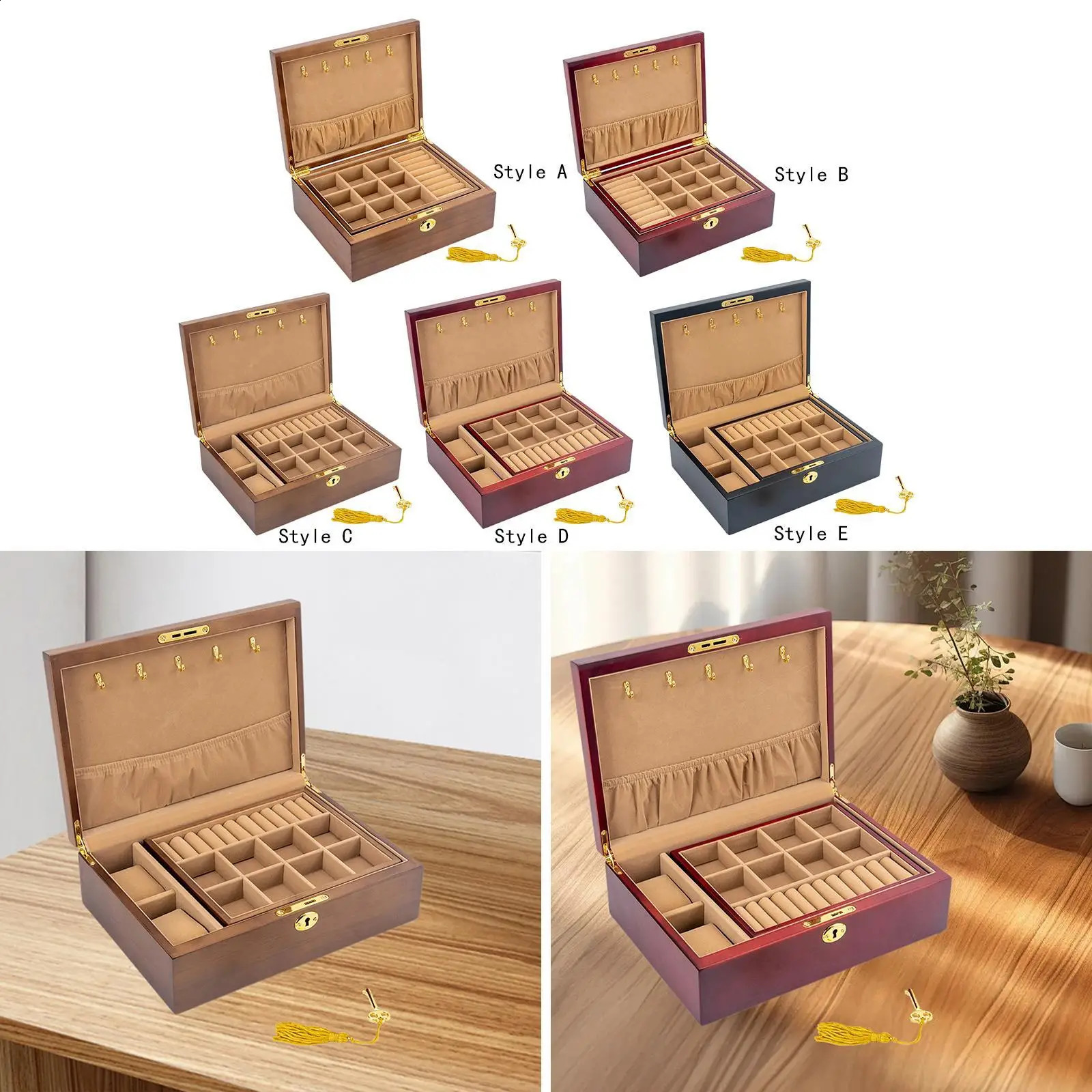 Wooden Jewelry Box with Lock and Key 2 Tier Lockable for Men Women Jewelry Display Case Trinket Box Organization Container 250424