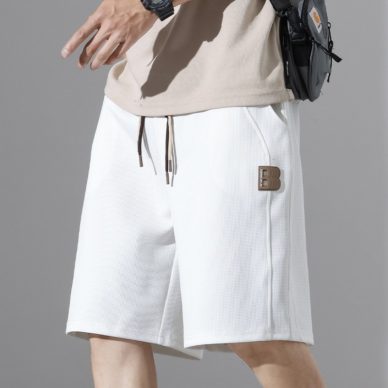 Texture waffle shorts men's summer new brand sports loose straight casual five quarter pants gray trendy