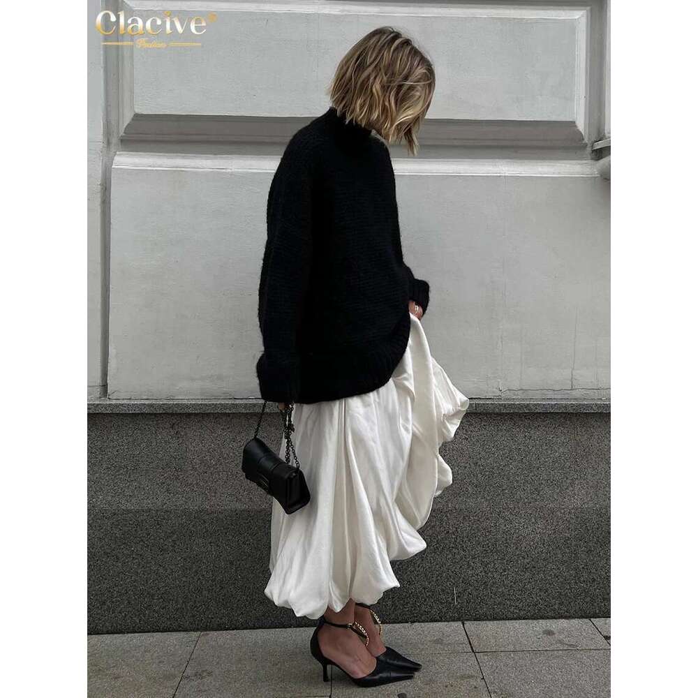Clacive Fashion Beige Satin Skirts For Women Elegant High Waist Office Lady Ankle-Length Casual Loose Skirt Female Clothes