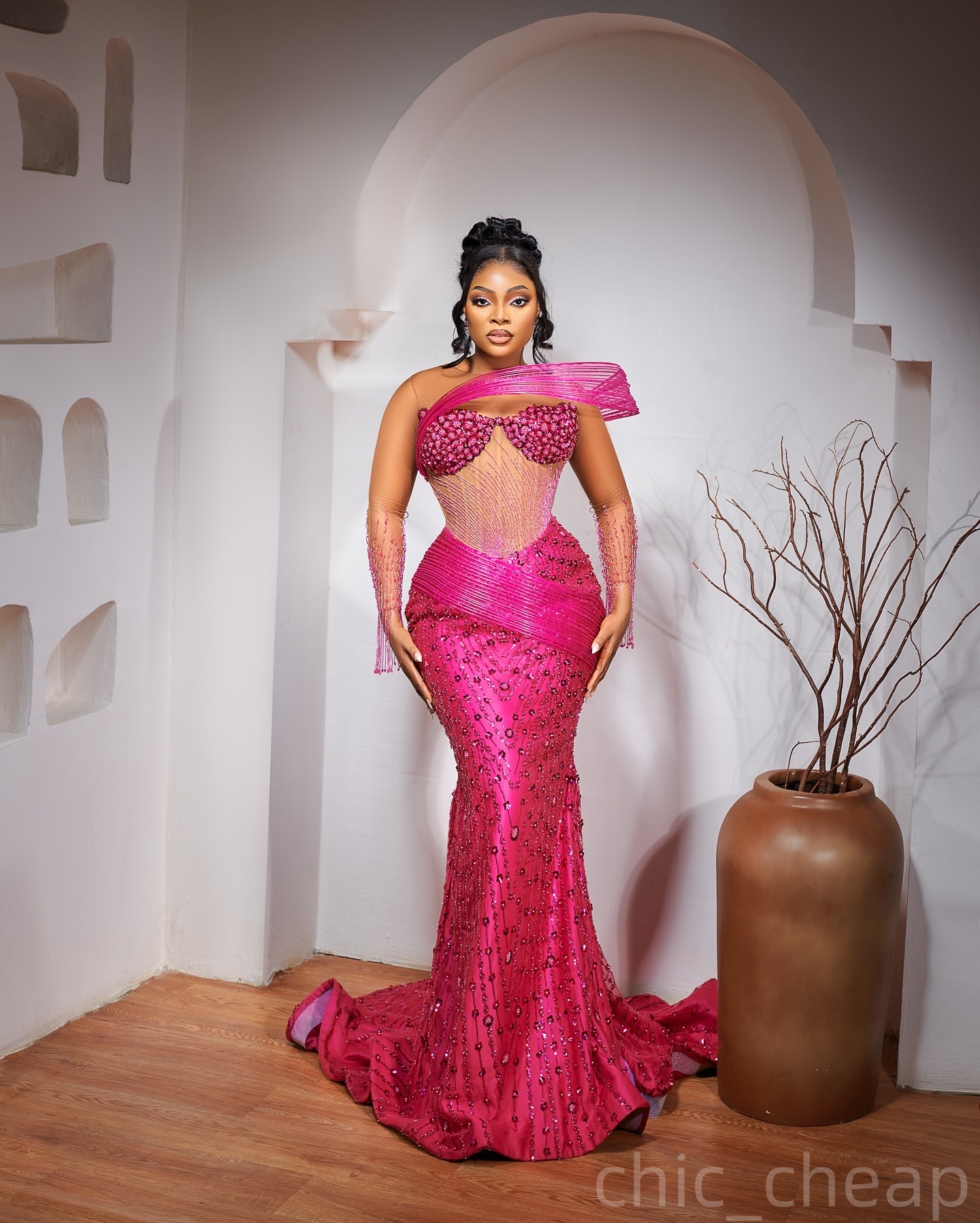 Fuchsia Mermaid Plus Size Prom Dresses 2025 Beaded Sequined Full Sleeves Evening Formal Party Second Birthday Engagement Gowns Dress For Special Occas