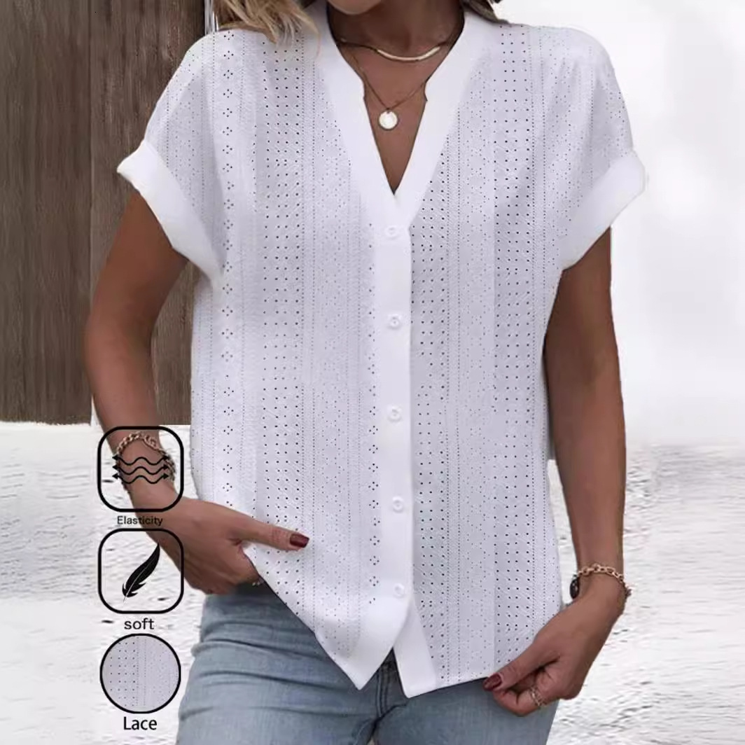 2024 summer simple casual V-neck solid color shirt for women