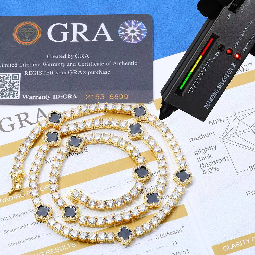 Manufacture Custom OEM ODM Fine Jewelry 4mm 925 Sterling Silver Moissanite Clover Link Chain Necklace Men Hip Hop Necklace