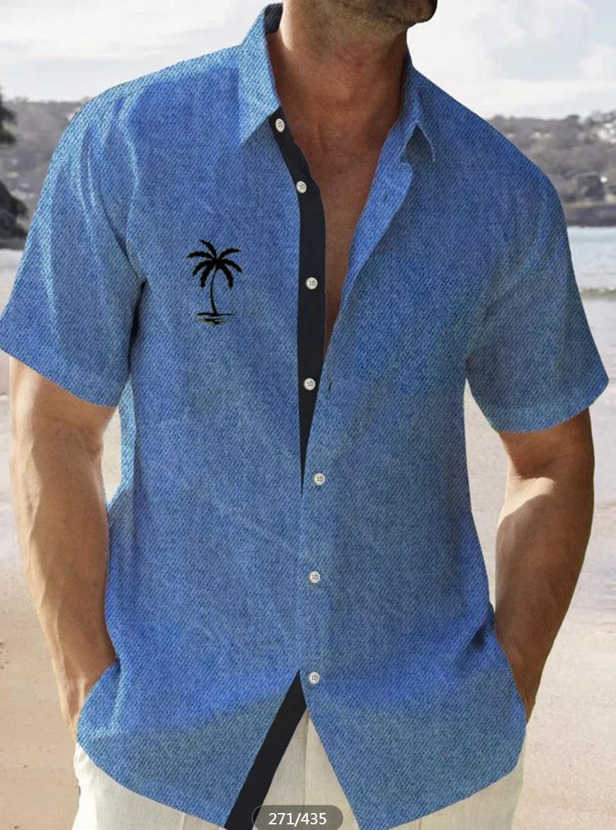 Summer Short Sleeve Large Geometric Stripe Element Coconut Tree Printed Shirt Mens Youth Top Shirt Loose and breathable