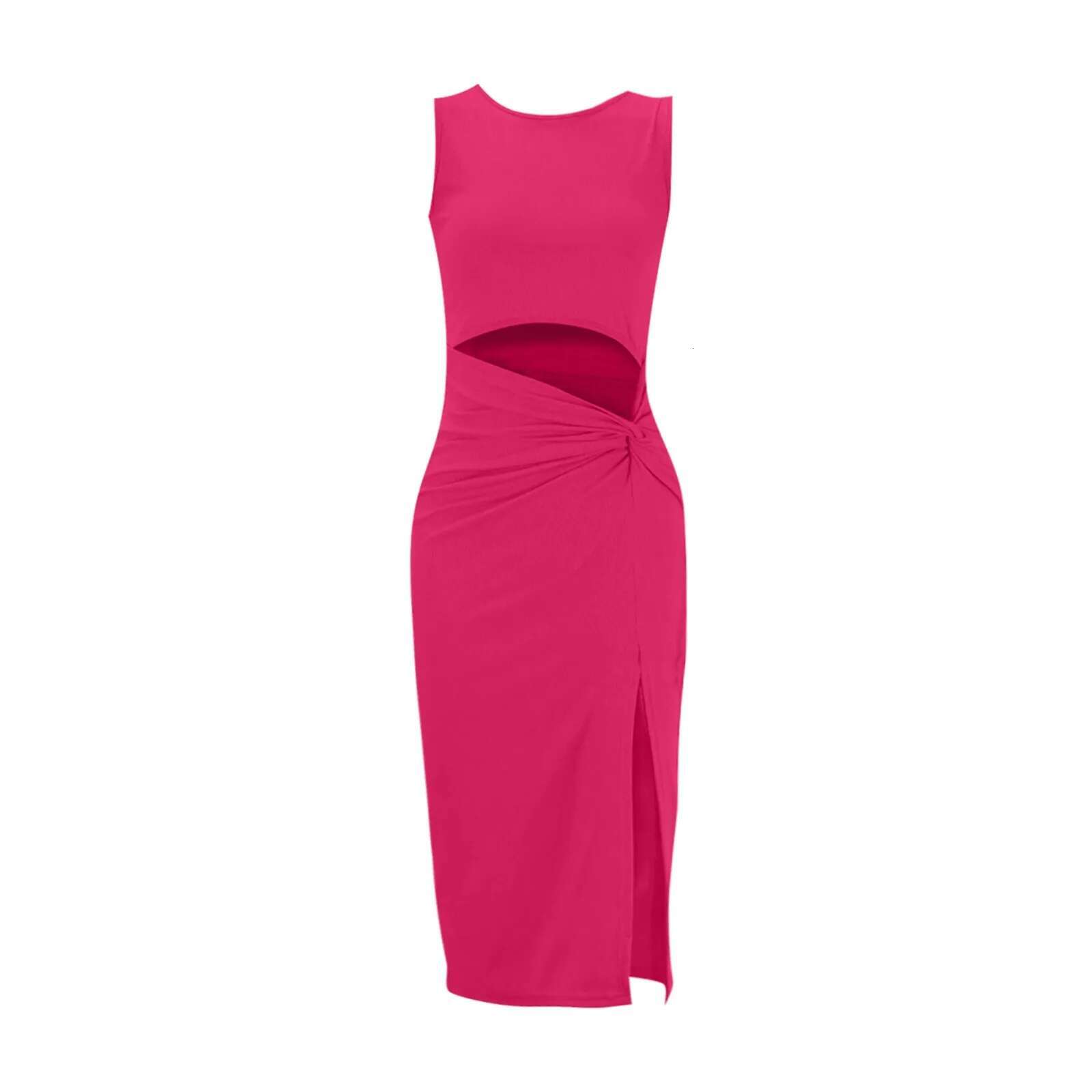 Dongdumaoyi New Fashion Women Sexy Pink O Neck Hollow Out Sleeveless Bodycon Party Club Event Slit Maxi Dress Long Gown Dresses