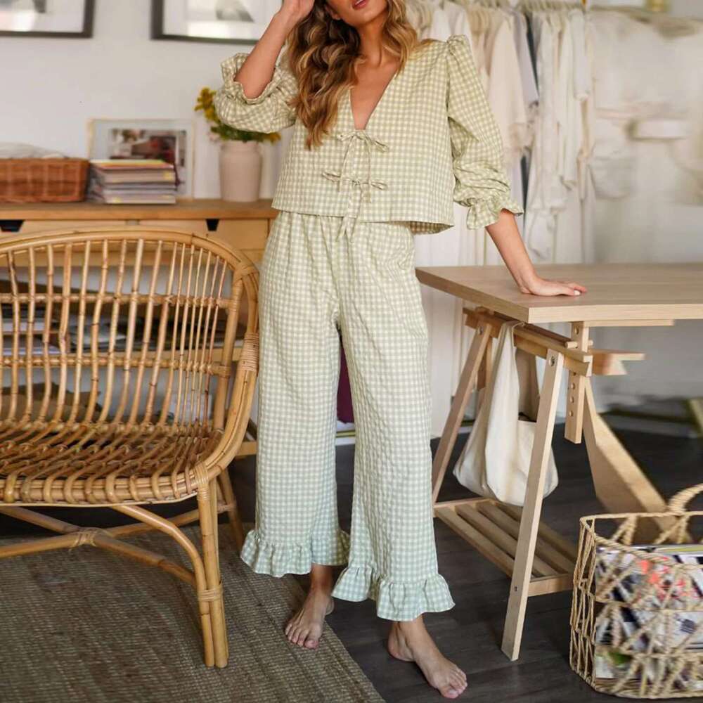 Combhasaki Women 2Piece Plaid Loungewear Outfits Ruffled Hem Set V-Neck Bow Tie-Up Front Loose Cropped Tops +Elastic Waist Pants