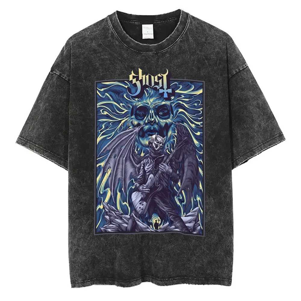 Ghost Band Graphic T-shirt Wash Retro Skeleton Rock Oversized Printed T-shirt Mens 90s Classic Gothic Punk Metal T-shirt W250425