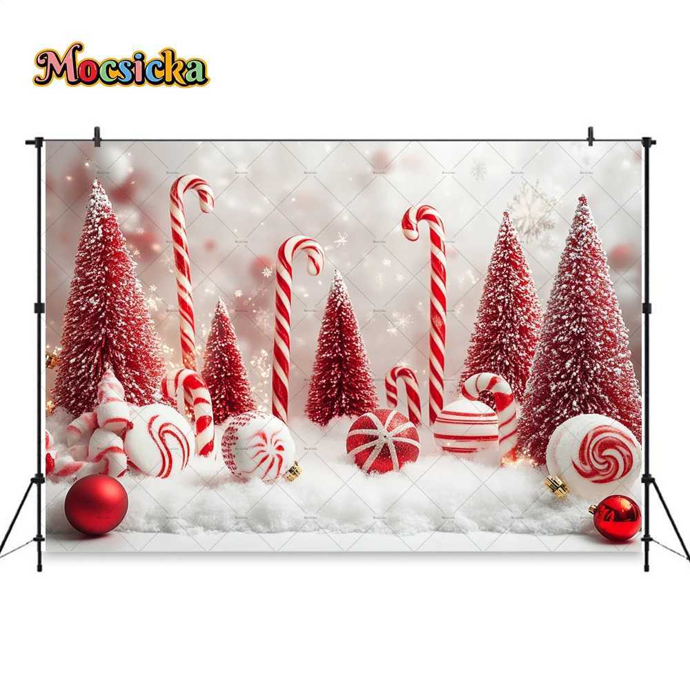 Christmas Candy Cane Background Photography Red Xmas Tree Decor Balls Snowy Wonderland Backdrop Winter Kid Birthday Photo StudioM251125