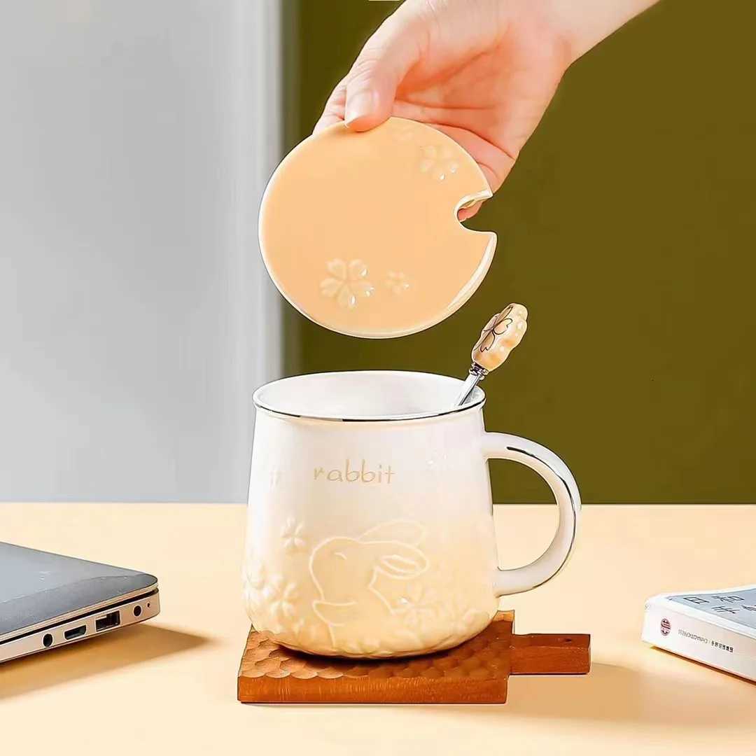 Rabbit Sakura Pattern Ceramic Tea Coffee Cups Juice Breakfast Mugs Simple Home Handheld Type Milk Coffee Mugs Home Accessories Y251125