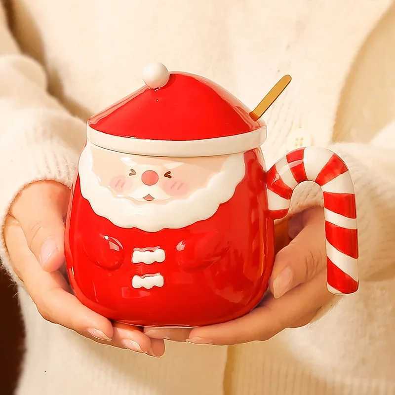 Santa Ceramic Mug Cute Christmas Hat Lid Hand Drawn Large Capacity Water Cup Breakfast Milk Coffee Cup Birthday Present Y251125