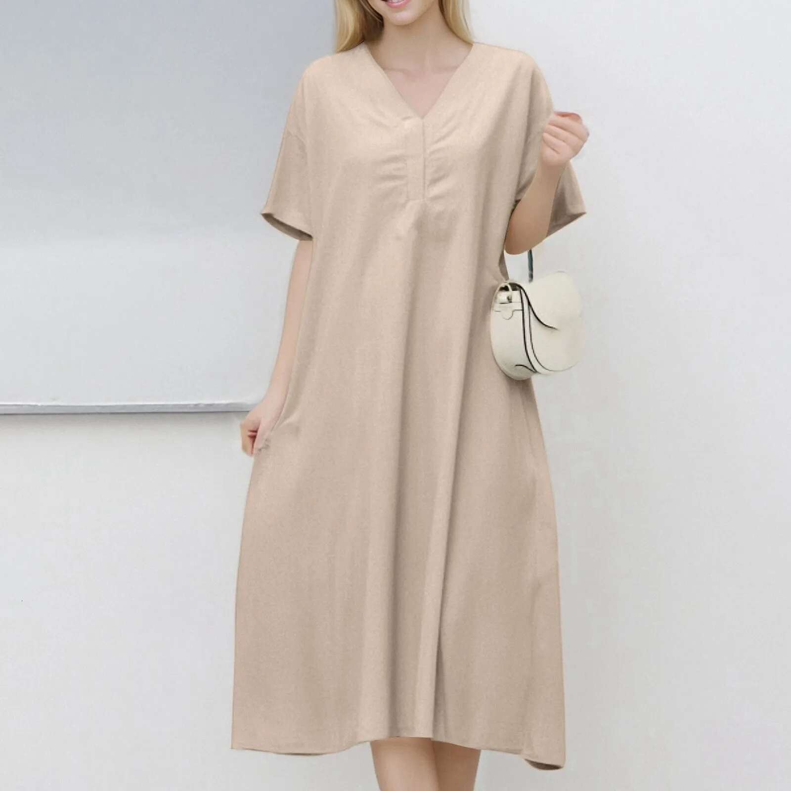 Dongdumaoyi Ladies Short Sleeved Loose Long Dress V Neck Large Swing Casual Plain Women S Solid Breathable Oversize Sundresses