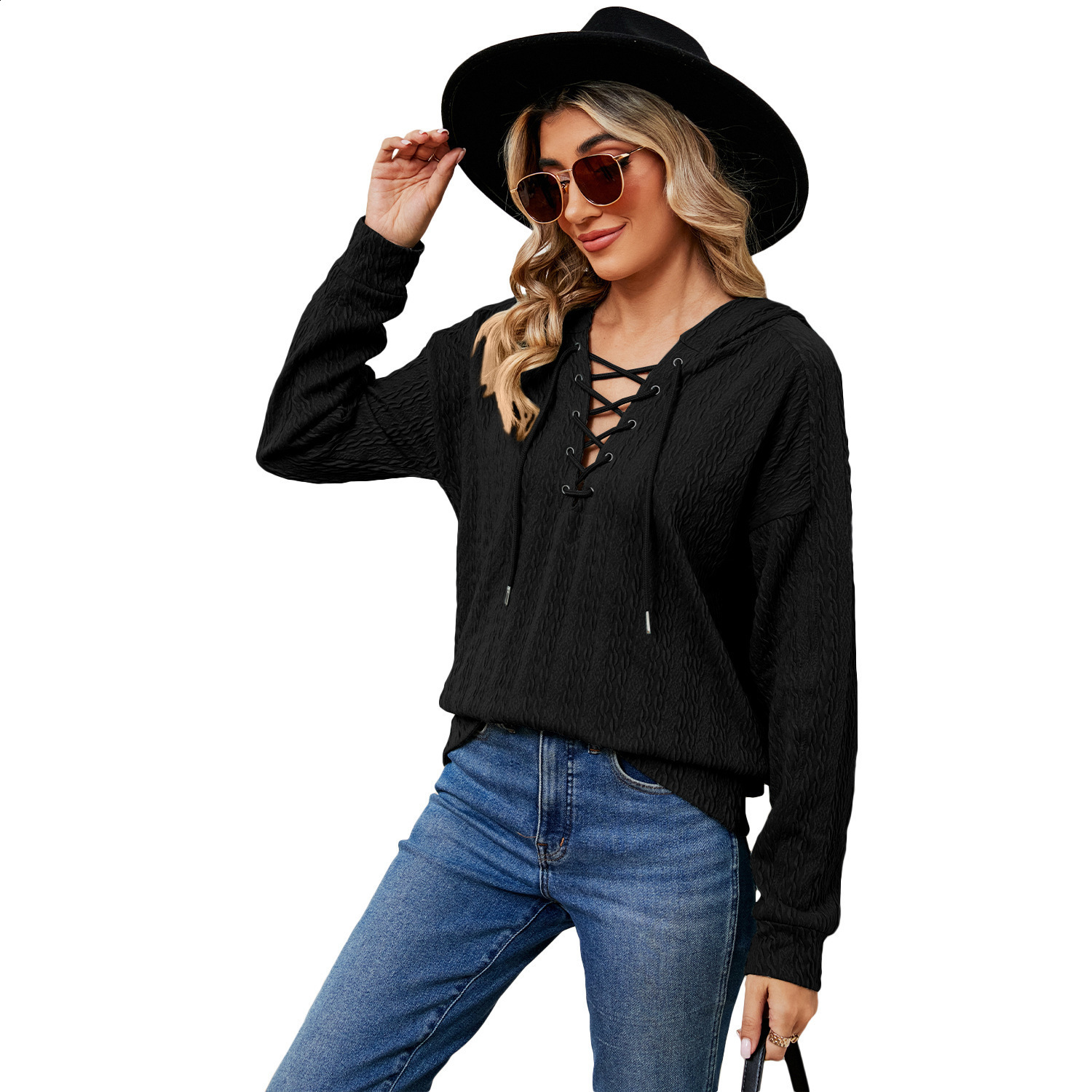2024 Womens Solid Color Hoodie Womens Autumn/Winter Collection Collar Strap Long Sleeve Top 240902 - view 3