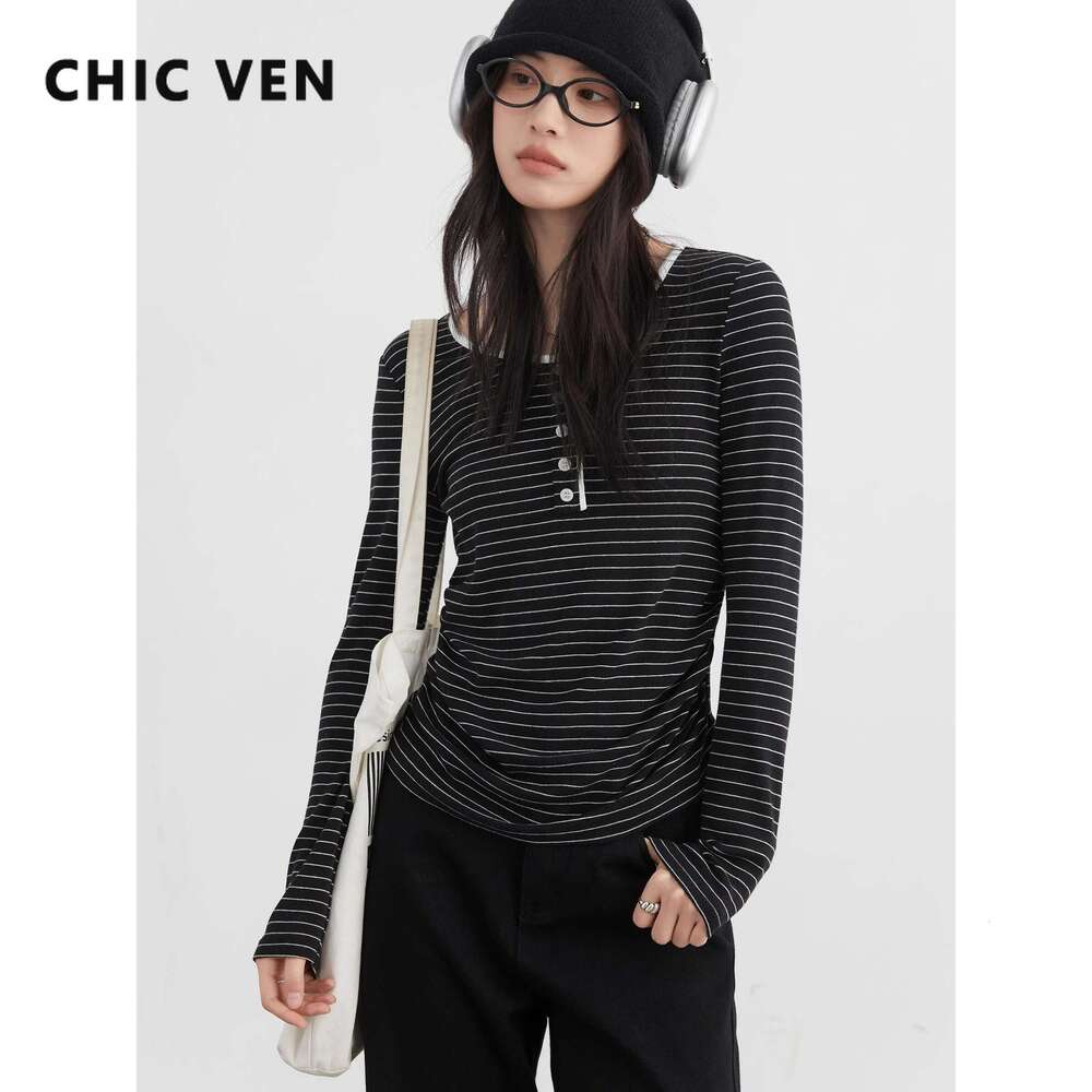 CHIC VEN Women T-Shirts O Neck Loose Casual New Contrasting Button Striped Tees Slim Basic Female Top Spring Autumn 2024