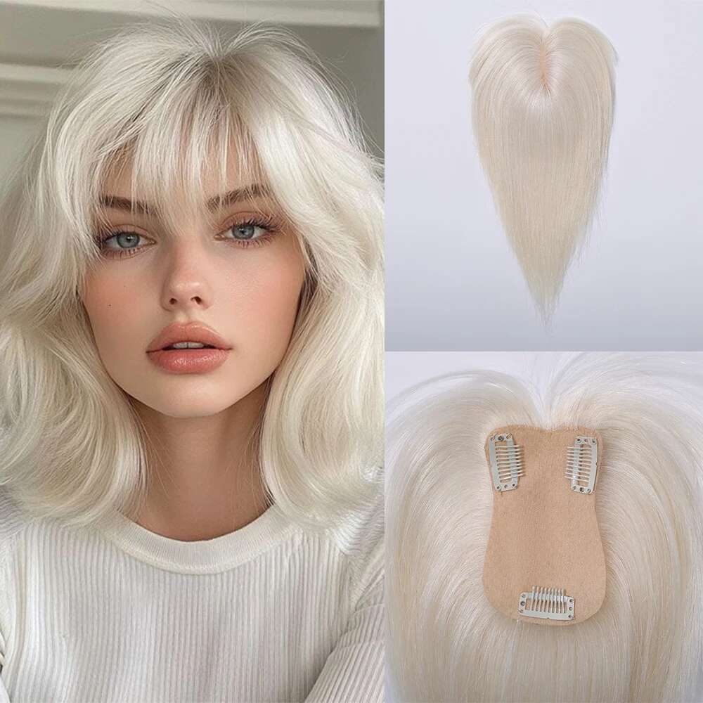 Platinum White Remy Human With Bangs 10 Inches Hairpieces Silk Base Clips In Toppers For Women Hair Extensions