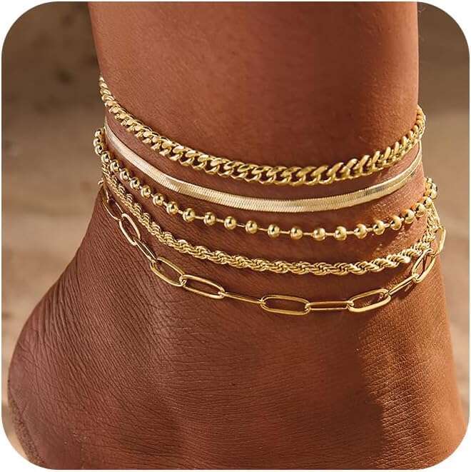 6 PCS Ankle Bracelets Women, 14k Plated Gold Layered Set Waterproof Herringbone Paperclip Beaded Figaro Cuban Link Chain Beach Stackable Anklet Bracel