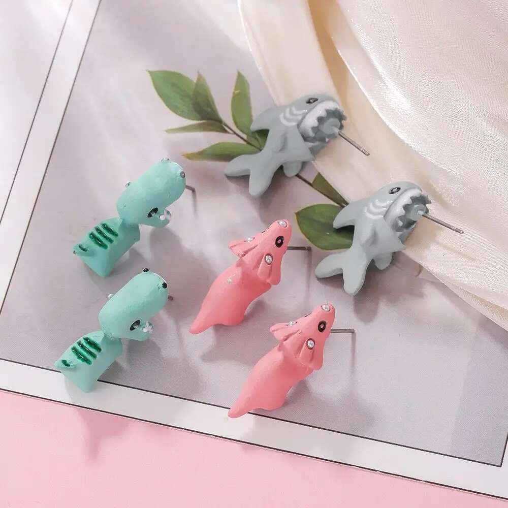 2Pcs/1Pair Animal Cartoon Stud Earring For Women Cute Dinosaur Little Dog Whale Clay Bite Ear Jewelry Funny Gifts Fashion