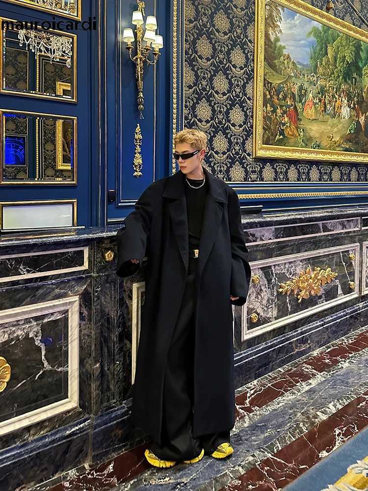 Mauroicardi Autumn Winter Oversized Extra Long Warm Navy Blue Wool Blends Coat Men Loose Luxury Designer Woolen Overcoat 2024T251125