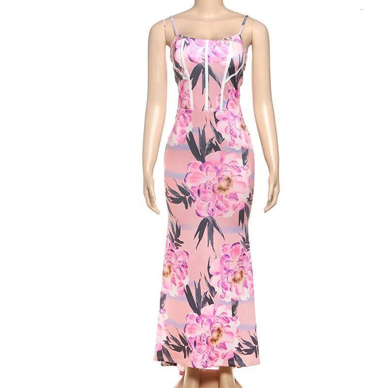 Dongdumaoyi Townlike Floral Print Slim Bodycon Dress Women Spaghetti Strap Spring Summer Nightclub Sexy Party Maxi Long Dresses