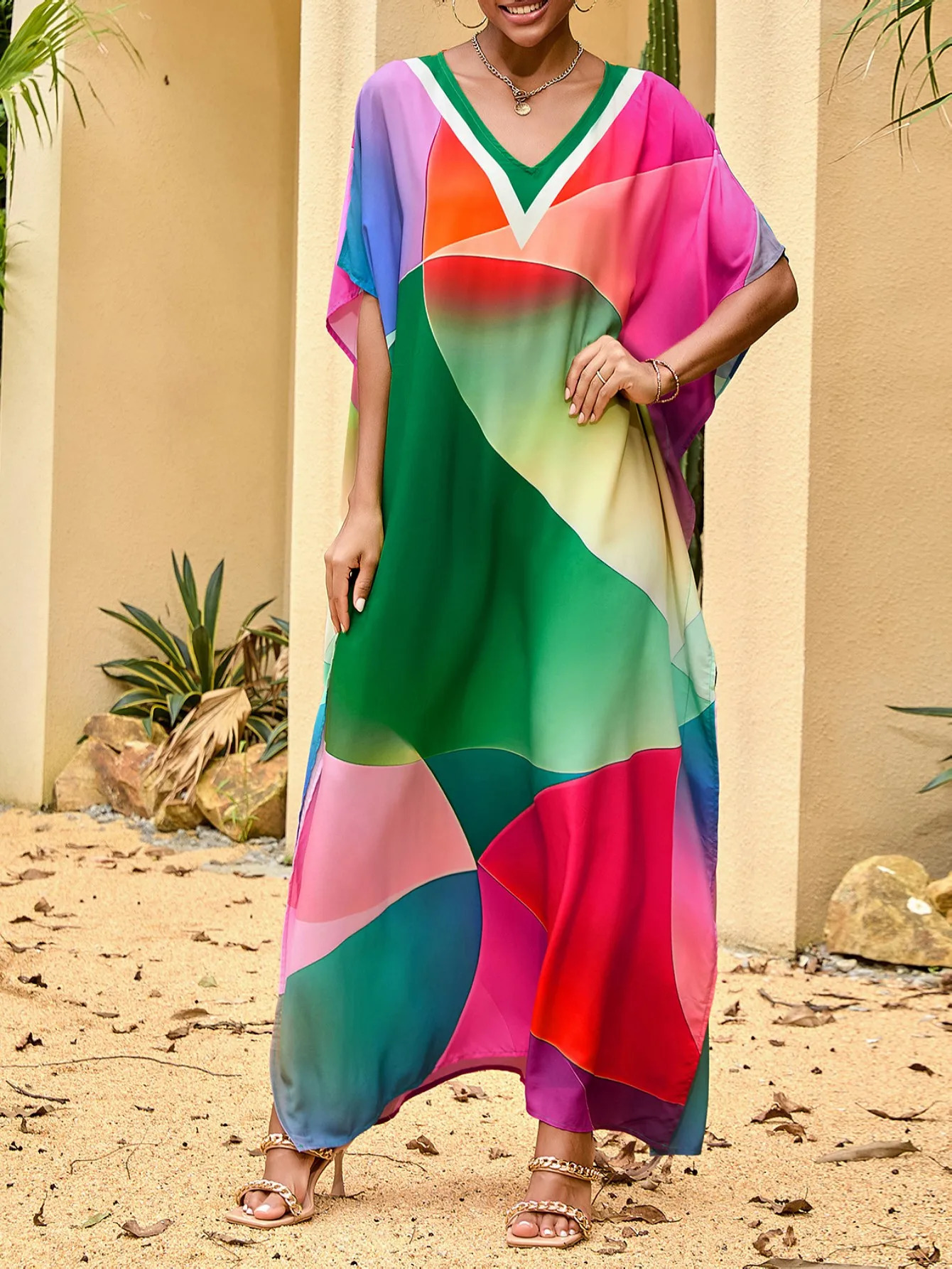 Bohemian beach style geometric pattern full body print Vneck side seam vacation dress and cover 250422