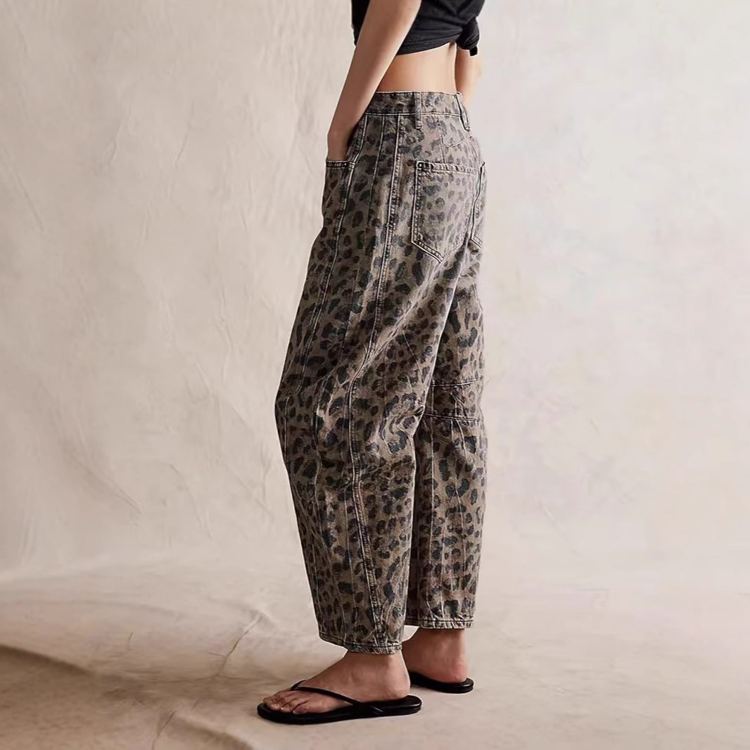 Women Leopard Barrel Jeans Y2k Cheetah Printed Baggy Boyfriend Jeans Mid Rise Wide Leg Denim Pants Horseshoe Jeans 250317