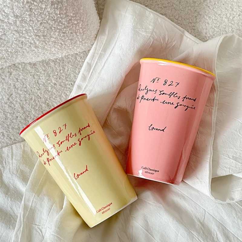 French Ceramic Coffee Mug 450ml Water Cup Vintage Paper Cup Letters Ceramic Hand Hold Tall Mug Coffee Cups Breakfast Juice Mugs Y251125