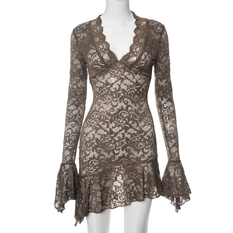 Casual Dresses Designer Sexy See Through Lace Dress Y2k Club Outfit For Woman Flare Long Sleeve Deep V Ruffle Short Black