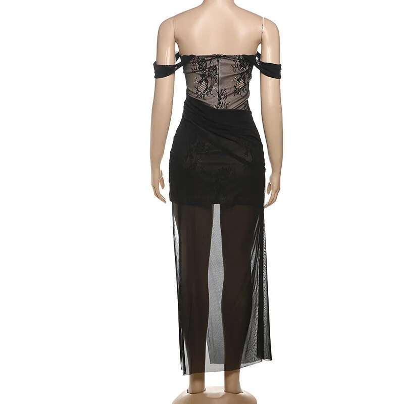 Dongdumaoyi Townlike Mesh Lace Patchwork Sexy Party Dress Women Spaghetti Strap Spring Summer Off Shoulder Maxi Long Dresses