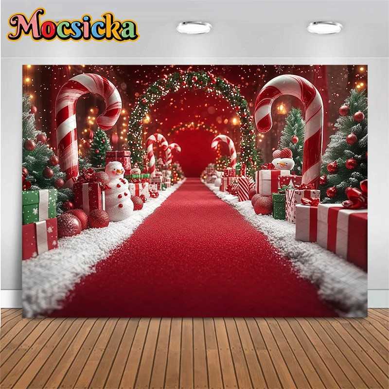 Mocsicka Christmas Background Photography New Year Candy Door Tree Red Carpet Decoration Winter Snowman Photo Backdrop WallpaperM251125