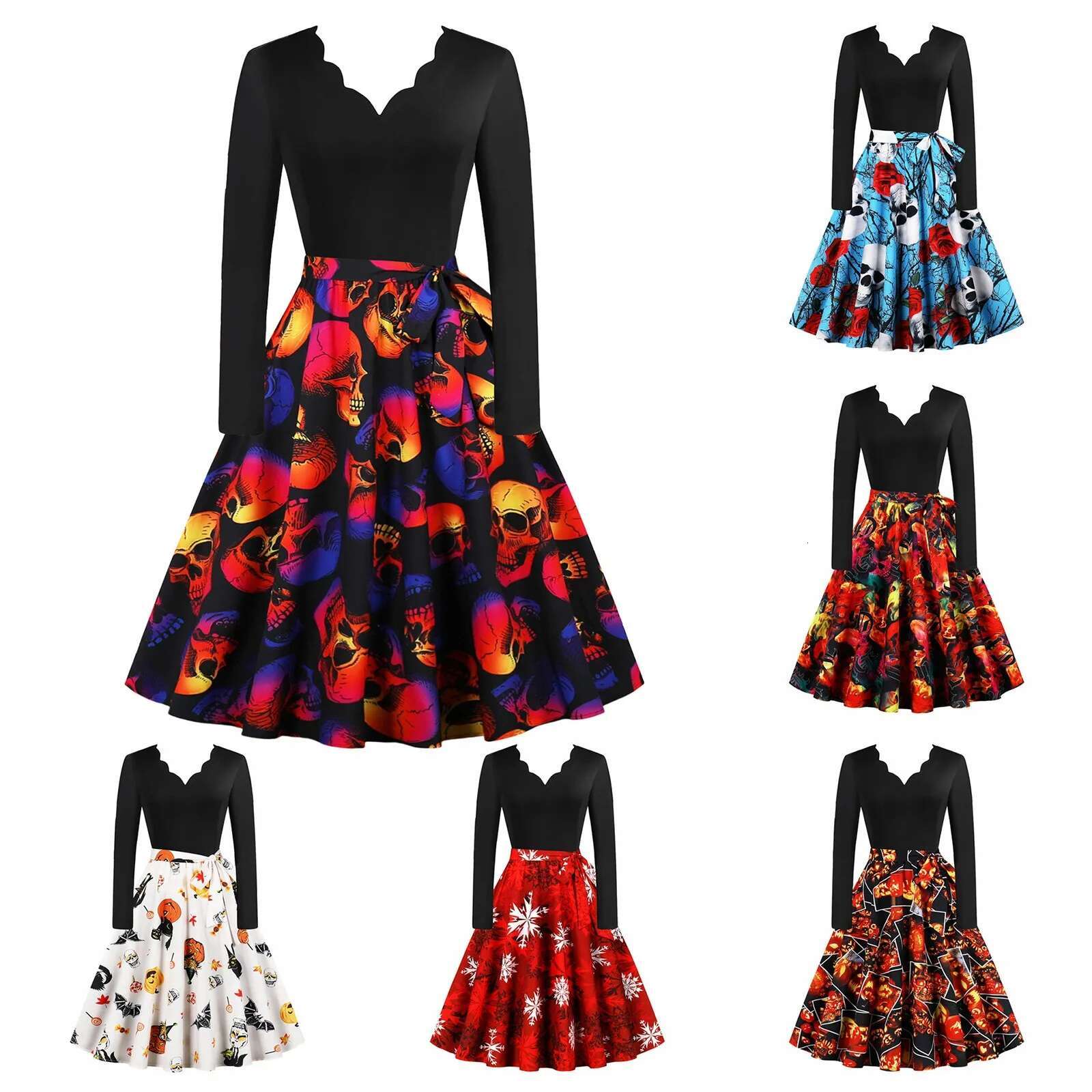 Dongdumaoyi Halloween Cosplay Scary Skull Print Costumes Carnival Dress Up Party For Women Long Sleeve S Evening Prom Elegant
