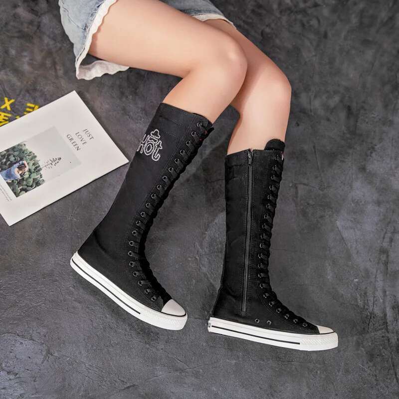 Spring long lace-up side zipper embroidered chain knee-length boots casual flat inner heightening large-size canvas women's shoe