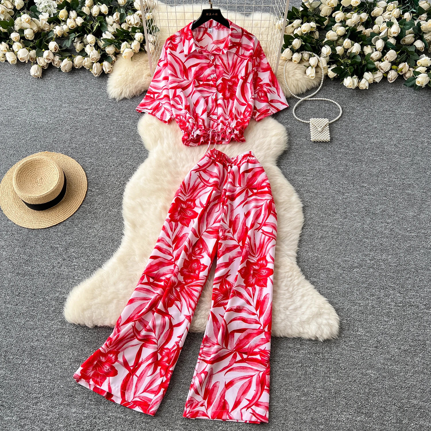 Summer Fashion Printed Set Womens Loose Short Sleeve Top Elastic Waist Wide Leg Cutting Pants Womens Elegant Two Piece Set 250414Z