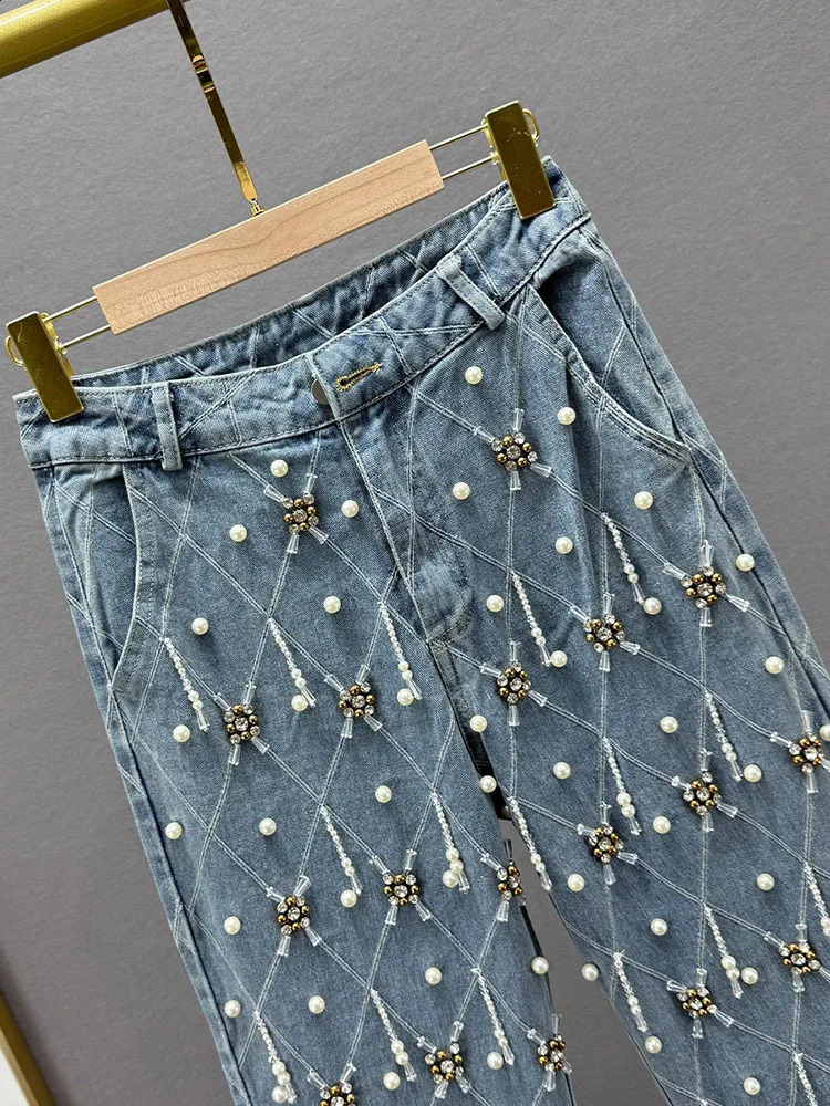 Womens jeans high waisted embroidered flame plain pearl straight bead pendant jeans fashion for autumn 250422
