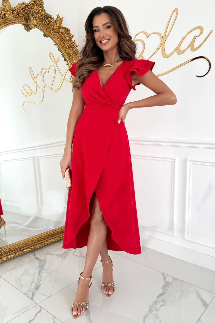 2025 new summer commuting solid color V-neck waist cinched ruffle sleeves irregular dress for women