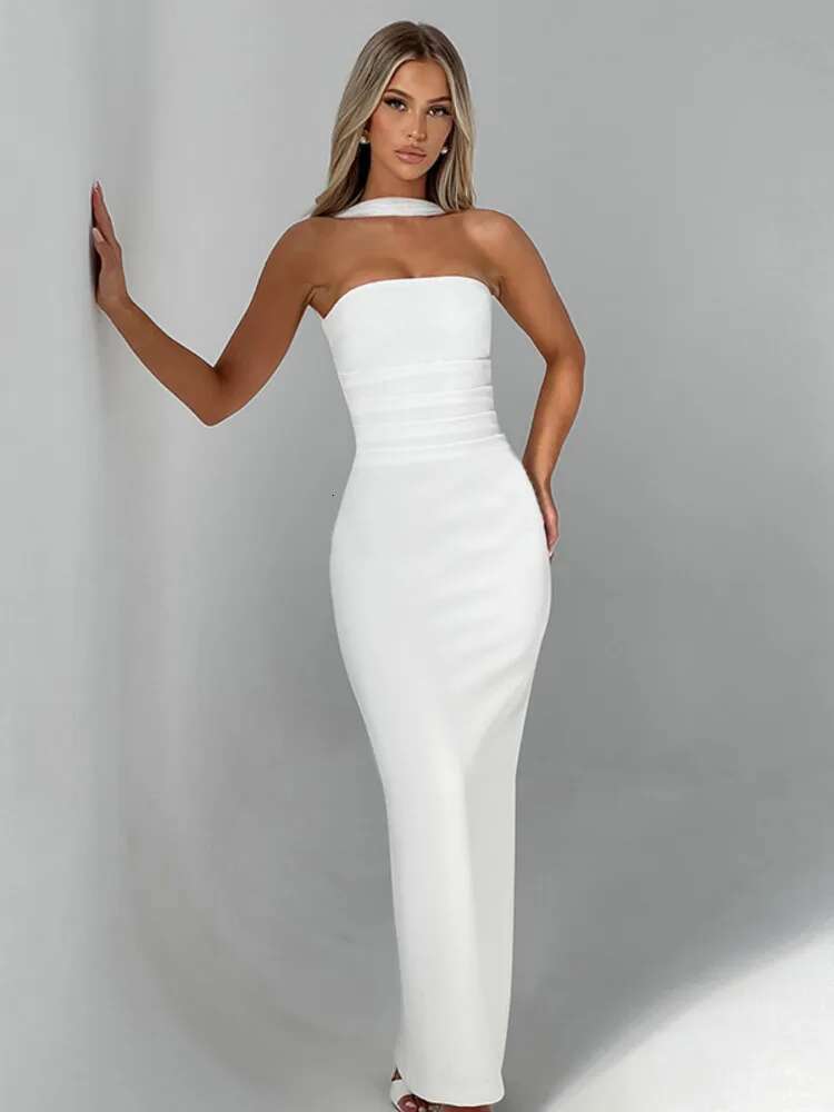 Dongdumaoyi Townlike Elegant Maxi Long Slim Bodycon Dress Women Strapless Summer Nightclub Sexy Party Dresses With Gloves Ribbon